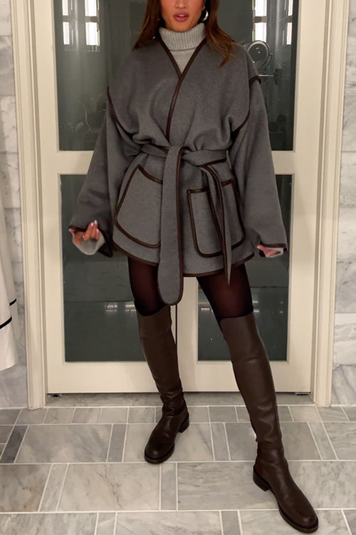 Open Front Pocketed Splice Coat With Belt