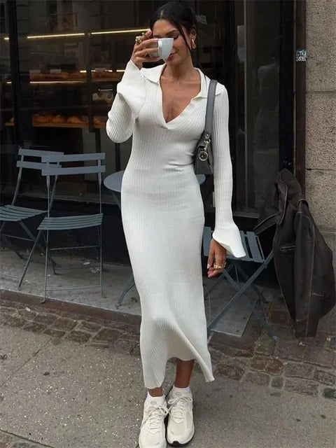 White High Waist Knitwear Dress Rib Lapel Autumn Slim Long Dress Knit Party Dress