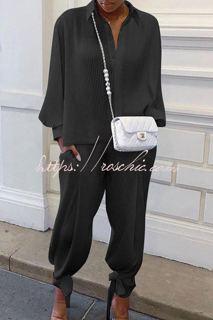 Shirt Collar Stripe Side Pocket Top Pant Set