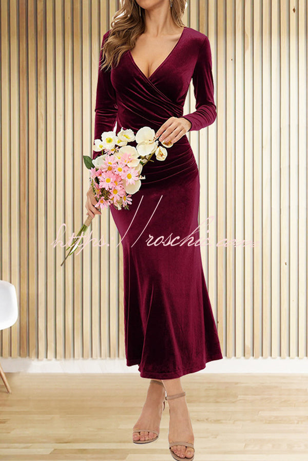 Color Velvet Long Sleeve V-neck Slim Fit Fishtail Maxi Dress