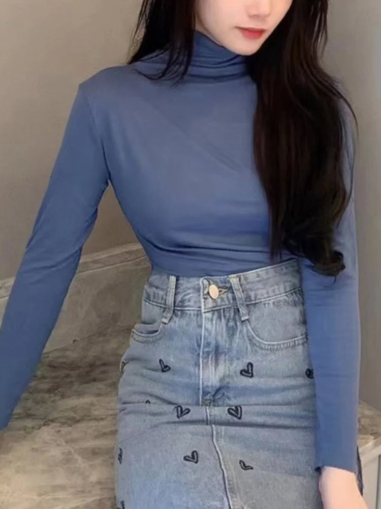 Pullover Turtleneck Sweater Autumn Long Sleeve Slim Korean Simple Basic Color Tops Jumper T Shirt
