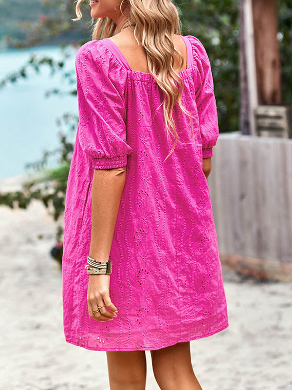 Loose Puff Sleeves Jacquard Color Square-neck Mini Dresses