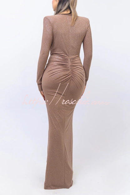 Color Shiny V-neck Long Sleeve Ribbon Slit Slim Fit Maxi Dress