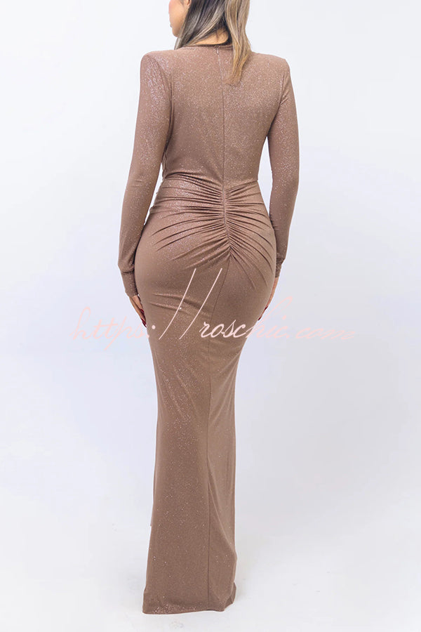 Color Shiny V-neck Long Sleeve Ribbon Slit Slim Fit Maxi Dress