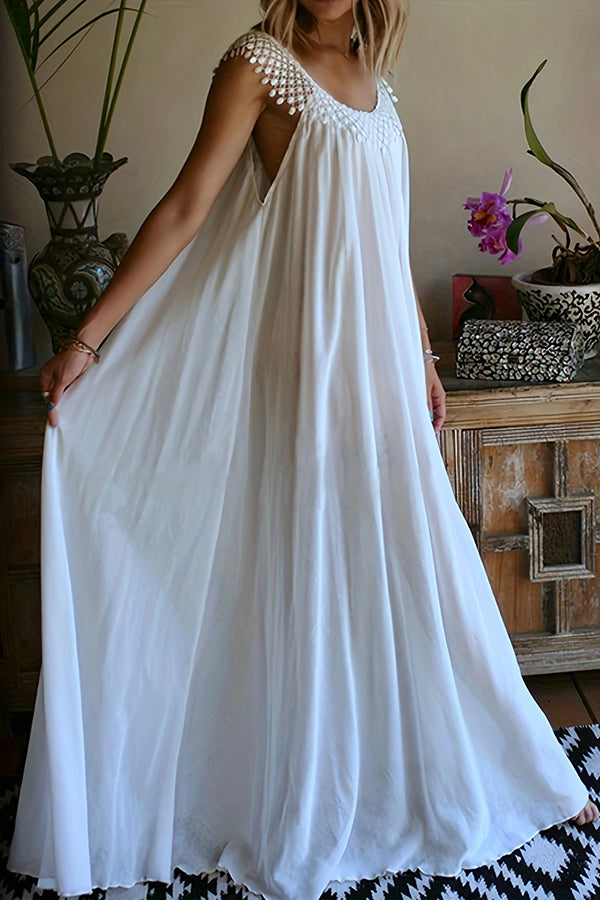 Color Tassel Round Neck Stitching Loose Maxi Dress