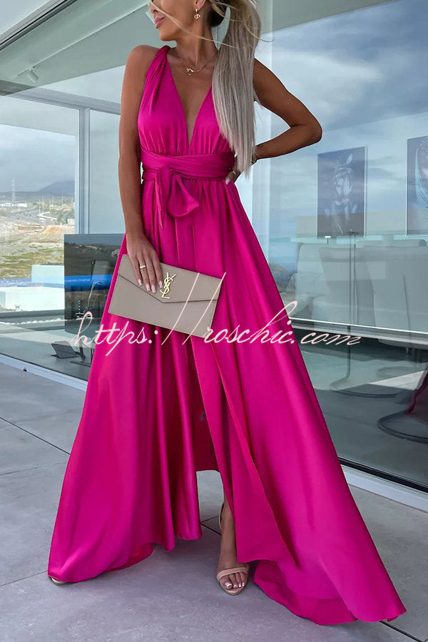 Different Effects Satin Free Tie Neck Slit Maxi Dress
