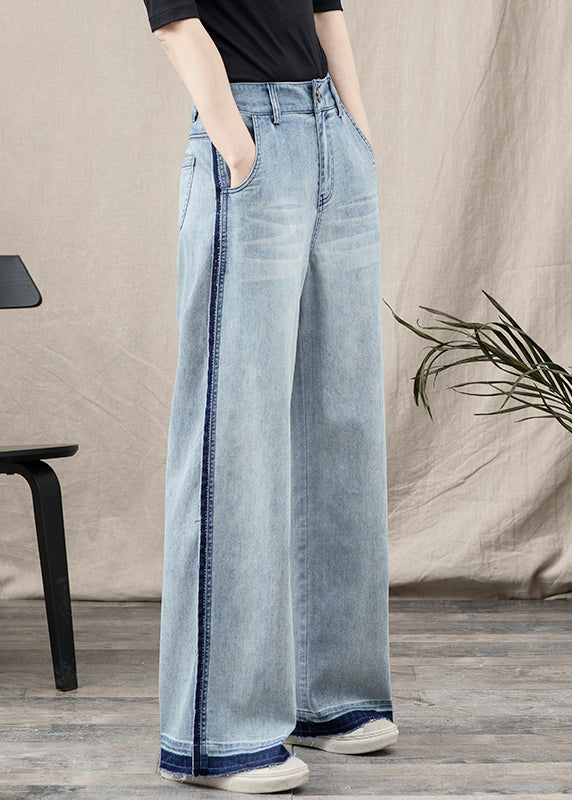 Blue Pockets Patchwork Denim Wide Leg Pants Spring Tt1027