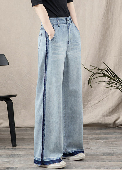 Blue Pockets Patchwork Denim Wide Leg Pants Spring Tt1027