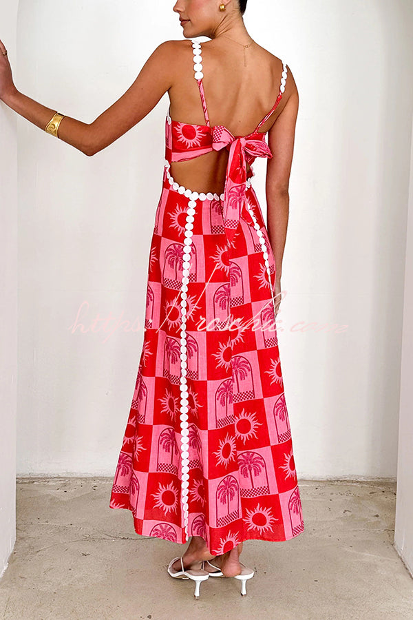 Holiday Style Unique Print Sling Open Back Lace Up Maxi Dress