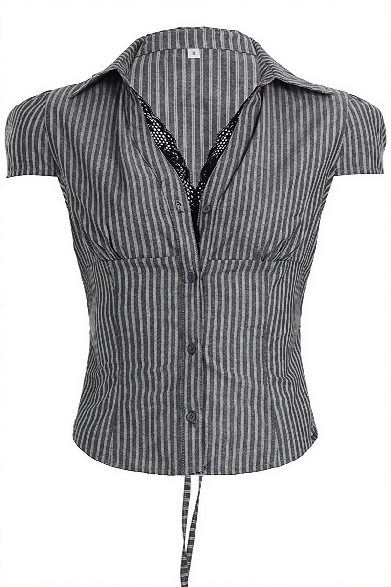 Slim Lace Striped V Neck Blouse