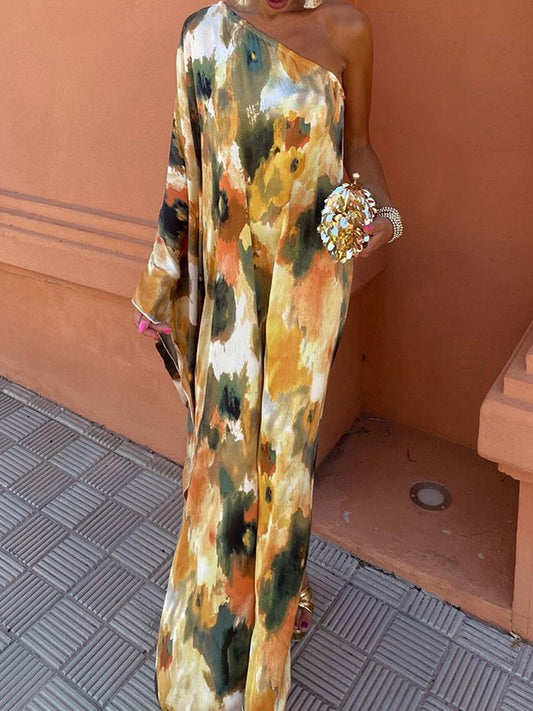 Loose Asymmetric Printed Split-joint One-shoulder Evening Dresses Maxi Dresses