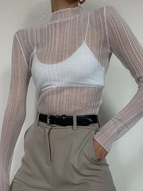 Fall See Through Long Sleeve Mock Neck Tops T-shirts Tees Slim Clothes