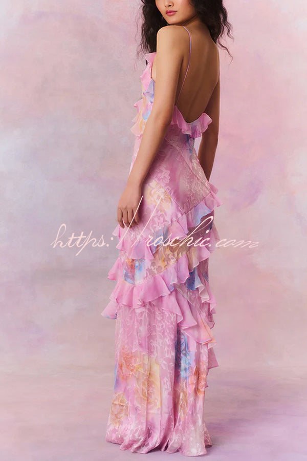 Multicolor Tie-dye Backless Wave-hem Strap Maxi Dress