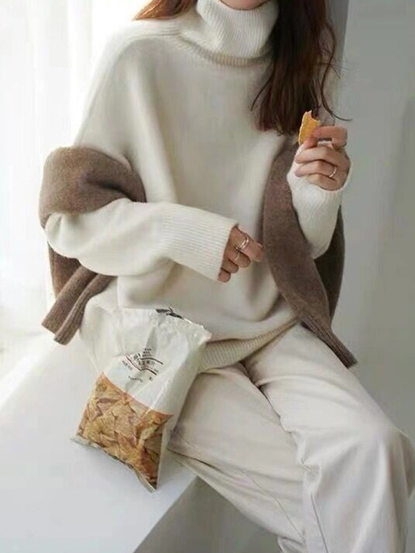 Street Loose Camel High-neck Long Sleeves Sweater Qx009
