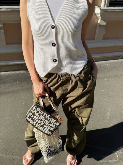 Knit Ribbed Vest Cardigan for Slim V-neck Sleeveless High Waist Outwear Female Loose Knit Vest Sweater