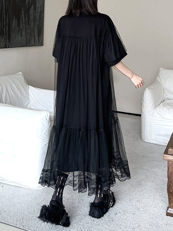 Fake Two-piece Loose Gauze Pleated Color Split-joint Tiered Round-neck Midi Dresses
