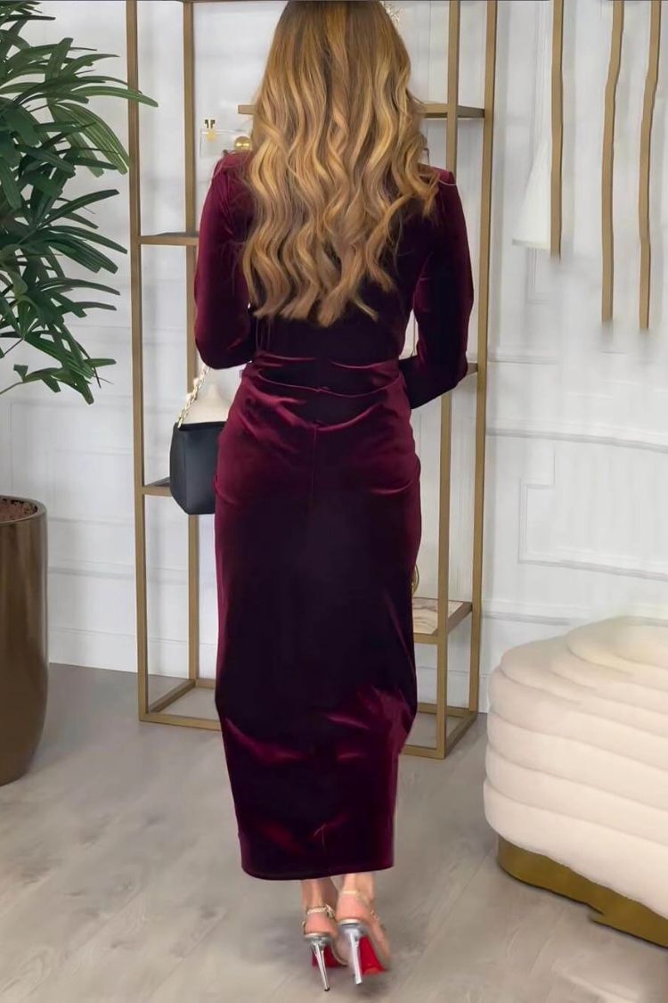 Classic Pleated Deep V Slit Party Maxi Dress
