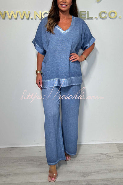 Fashionable V-neck Short-sleeved Loose Top and Elastic Waist Wide-leg Pants Set