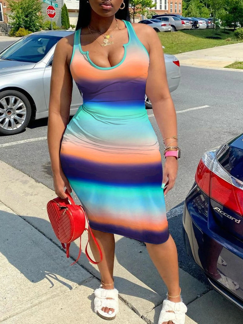 4xl 5xl Striped Gradient Bodycon Cami Dress Notch Neck Sleeveless Printing Midi Dress for