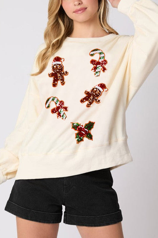 Christmas Gingerbread Man Sequin Long Sleeve Sweatshirt