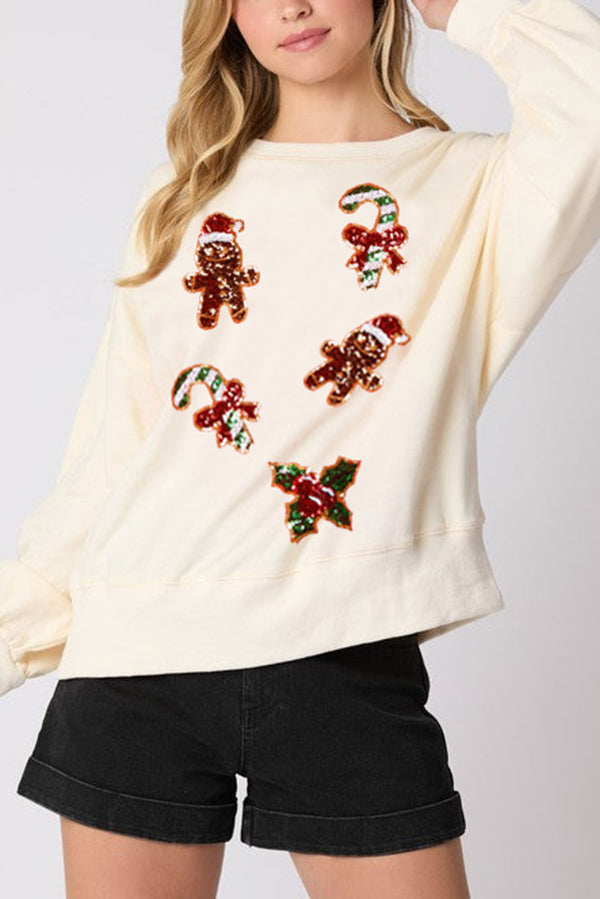 Christmas Gingerbread Man Sequin Long Sleeve Sweatshirt
