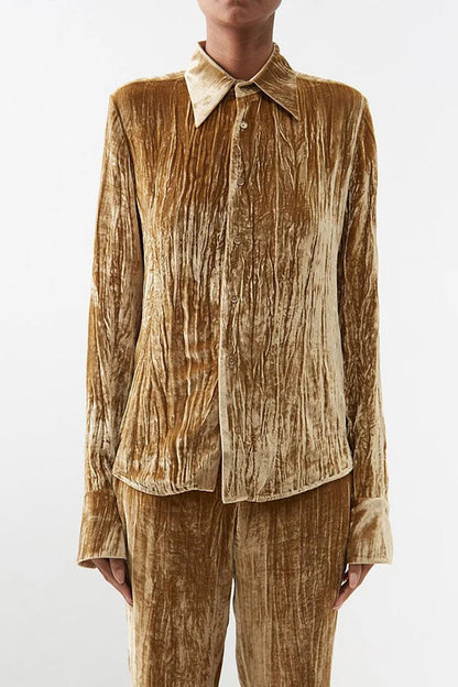 Textured Turndown Collar Long Sleeve Blouse