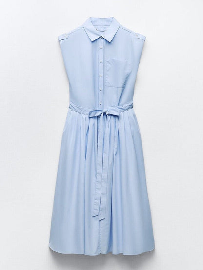 Blue Short Sleeves Midi Dress With Belt