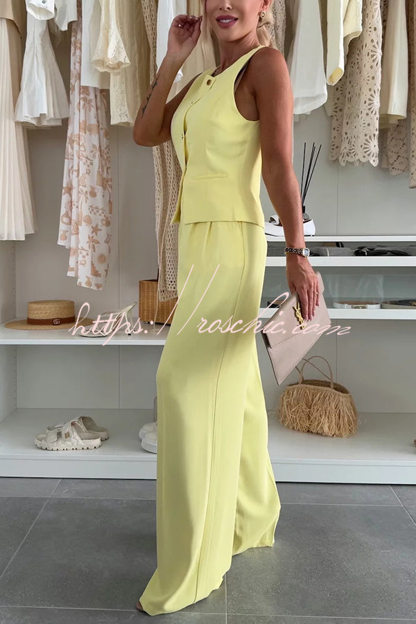 Workplace Sleeveless Button Vest and Relaxed Pocket Wide Leg Pants Set