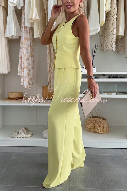 Workplace Sleeveless Button Vest and Relaxed Pocket Wide Leg Pants Set