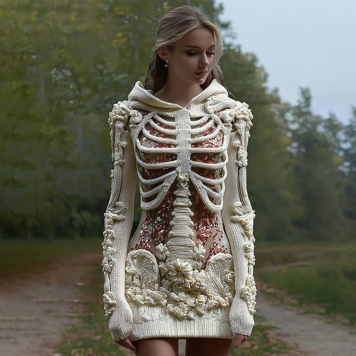 Women's Vintage Halloween Skeleton Bones With Glitter And Rose Art Cozy Knit Hooded Sweater Dress artswardrobe