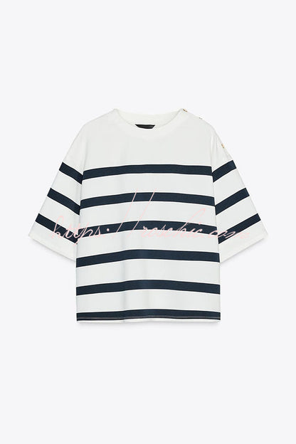 Logbook Stripe Button Shoulder T-shirt and High-rise Pocketed Loose Shorts Set