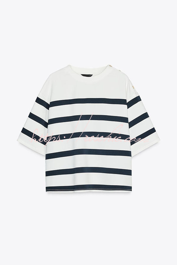 Logbook Stripe Button Shoulder T-shirt and High-rise Pocketed Loose Shorts Set