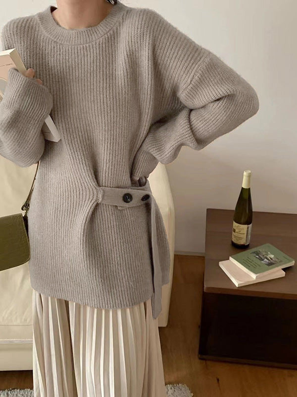 Green Round-neck Bandage Long Sleeve Knit Sweater An1036