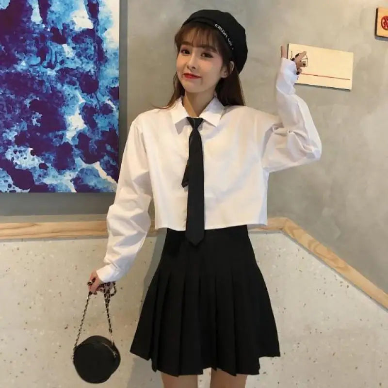 Oversize White Cropped Shirt Summer Short Sleeve Polo Neck Sweet Preppy Button Short Shirts Korean Female Blouses Blusa