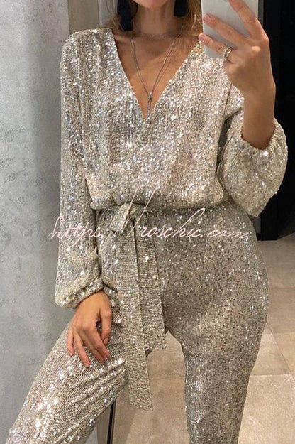 Cheers to You Sequin Long Sleeve Belted Wrap Loose Jumpsuit