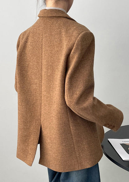 Boutique Caramel Brown Notched Pockets Button Woolen Coat Fall Wd008