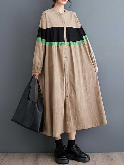 Long Sleeves Loose Buttoned Contrast Color Elasticity Split-joint Round-neck Midi Dresses