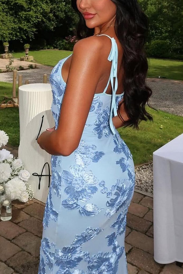 Embroidered Suspender Strap Slim Fit Maxi Dress