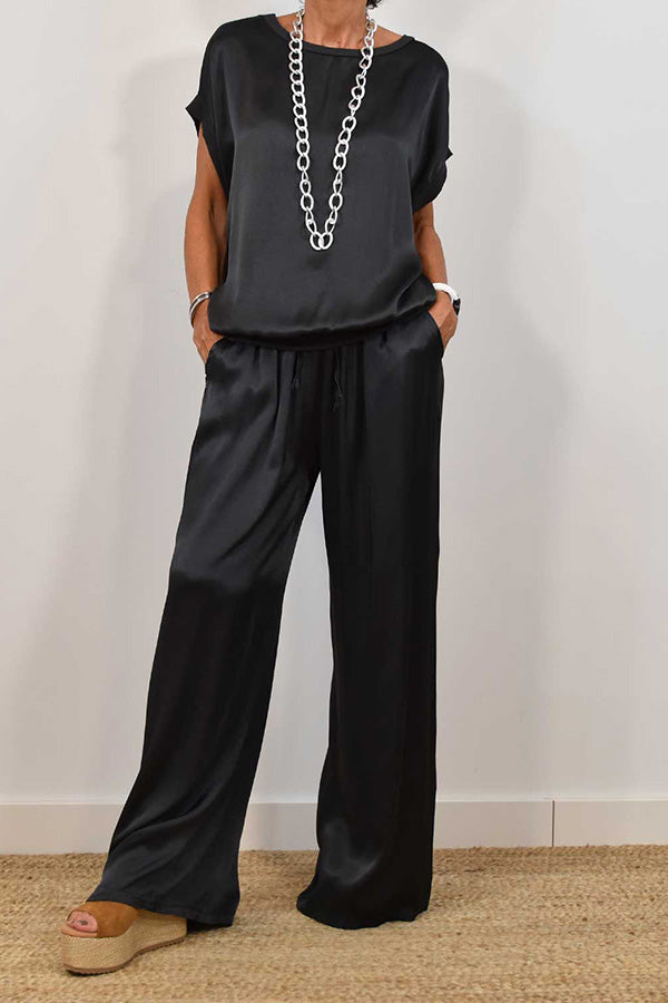 Satin Color Loose Short-sleeved Top and Elastic Waist Lace-up Pocket Wide-leg Pants Set