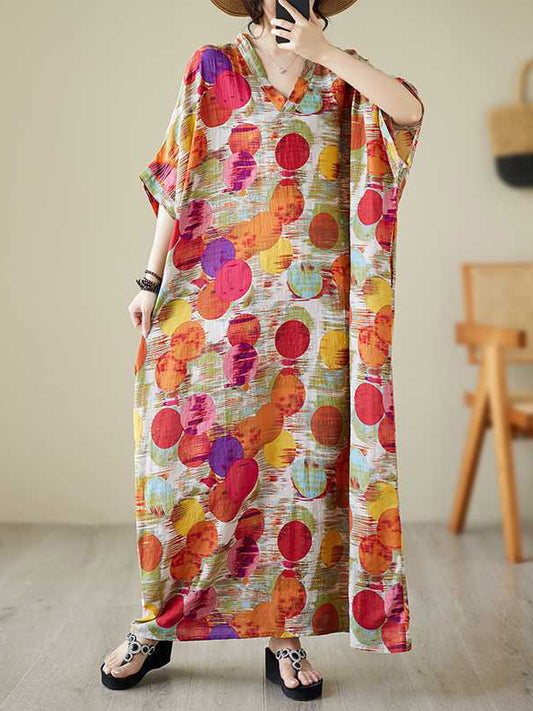 Batwing Sleeves Half Sleeves Contrast Color Polka-dot V-neck Maxi Dresses