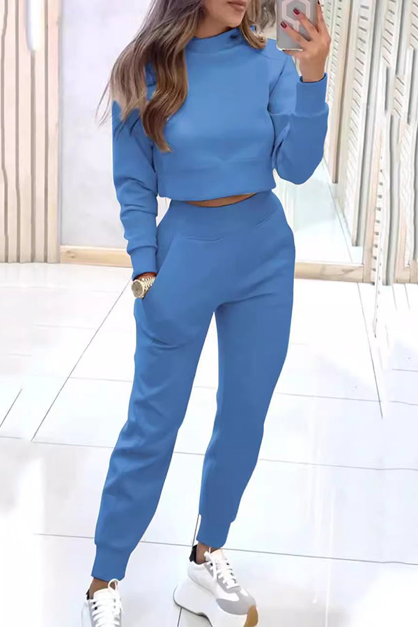 Color Loose Long Sleeve Crop Top and Elastic Waist Pocket Pants Set