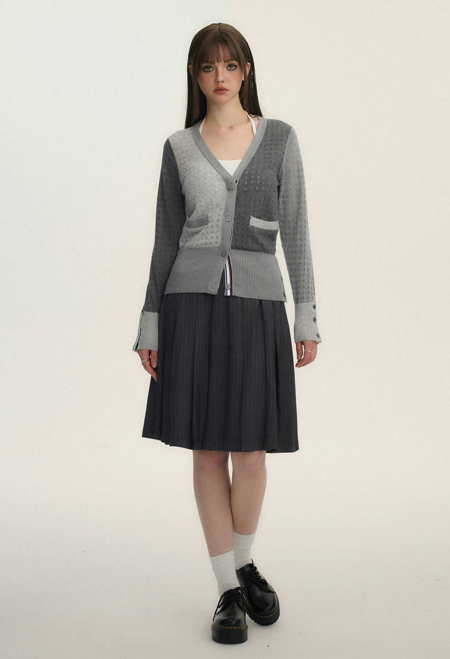 Grey Pinstripe Pleated Skirt