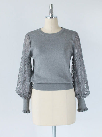 Tempermant Black Round-neck Patchwork Hollow Lace Long Puff Sleeves Sweater Qx011