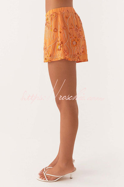 Dazzling Sequin Beaded Material Low Rise Elastic Waist Loose Shorts