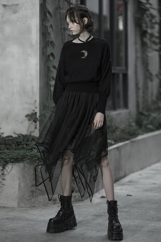 Gothic Mesh Irregular Female Black Lace Hollow Out Summer Skirt