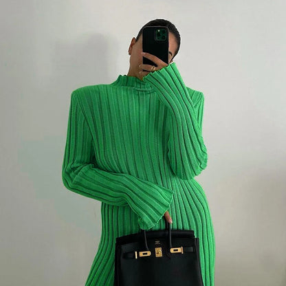 Ribbed ’s Turtleneck Sweater Green Long Sleeve Shrugs Knitwear Jumper Female Knitted Tops Autumn Winter