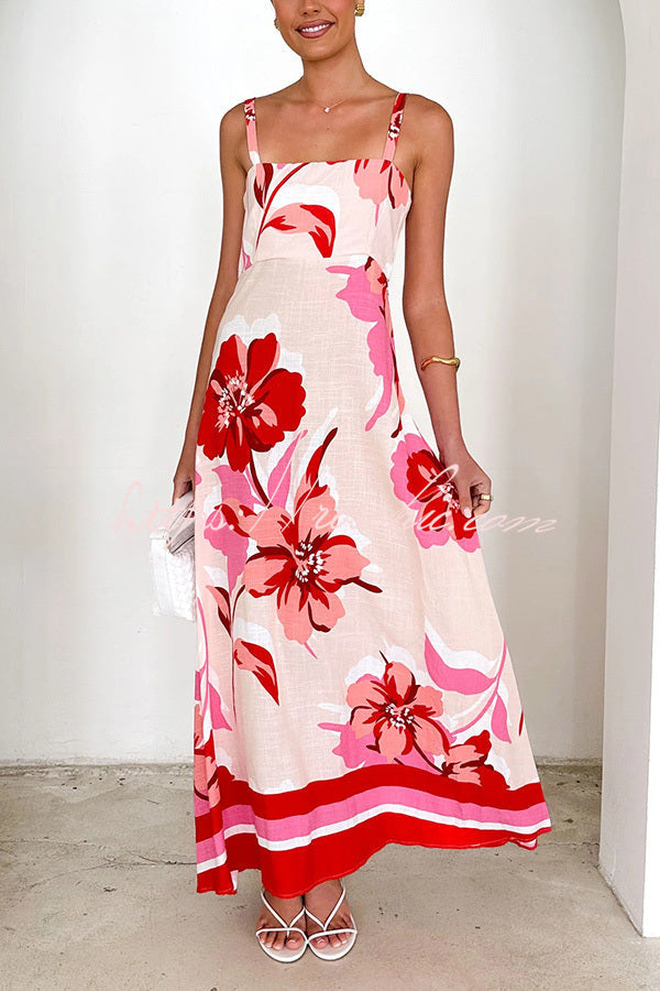 Print Strap Square Neck Large Hem Maxi Dress
