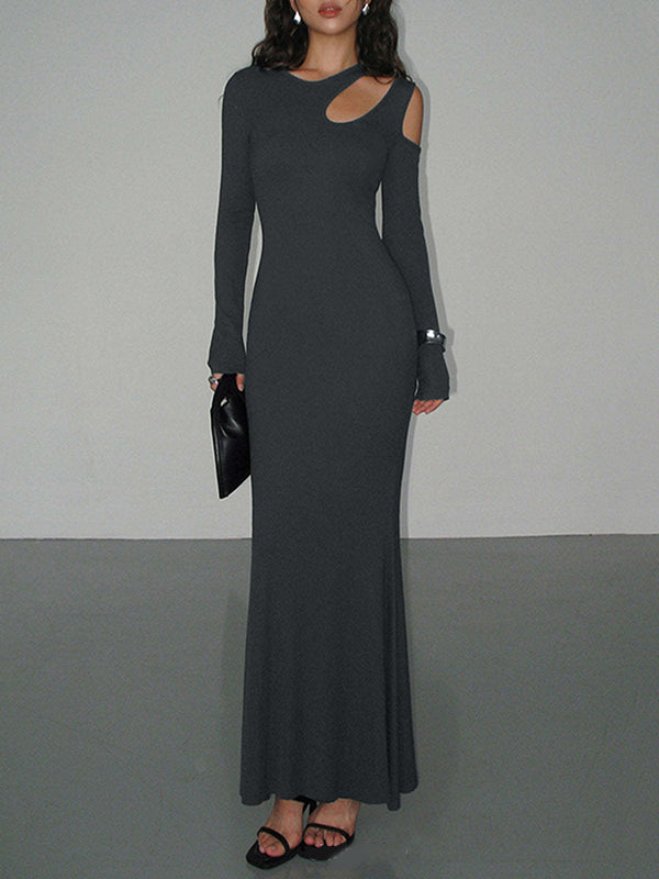 Long Sleeves Skinny Hollow Color Cold Shoulder Maxi Dresses