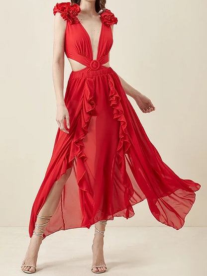 Deep V Red Cutout One Piece Swimsuit and Skirt