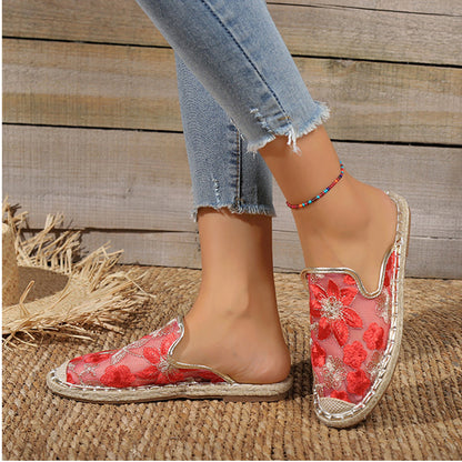 Linen Woven Flat Round Toe Half Slippers